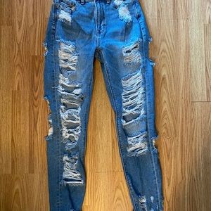AE stretch mom jeans, ripped, lightly worn